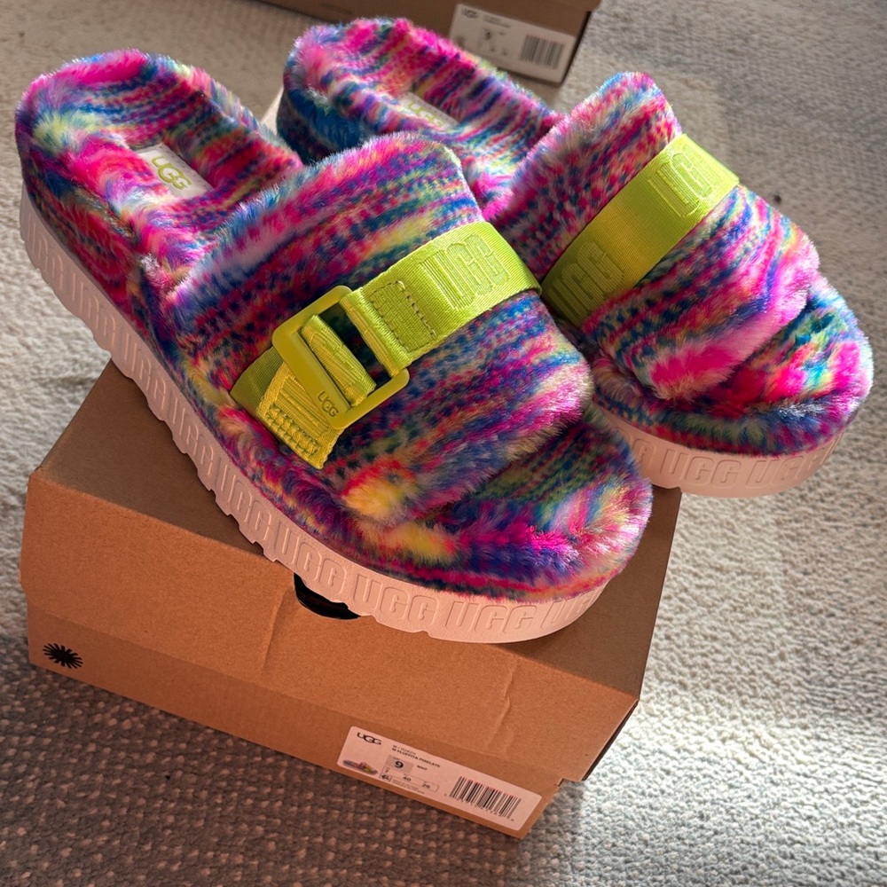 UGG Women's Colorful Fluffy Sandals with Bright Yellow Strap